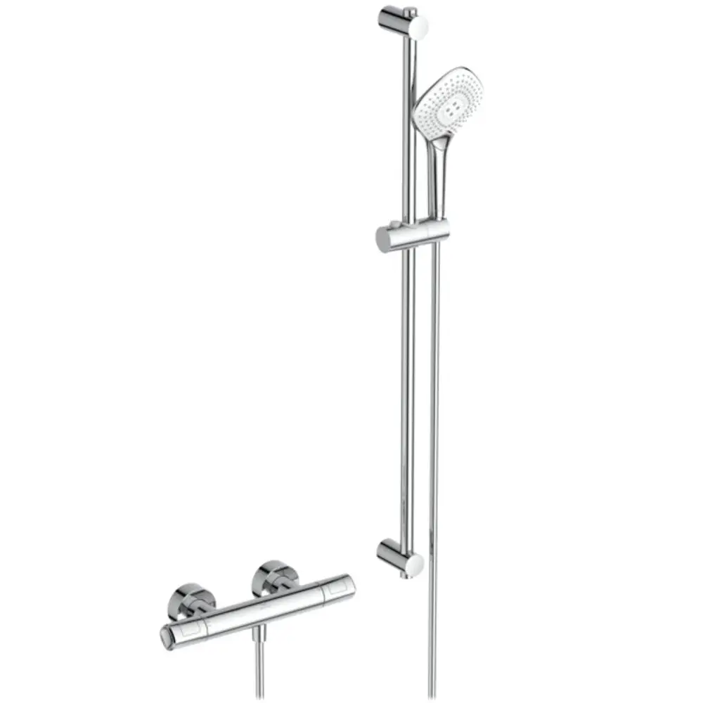 Brausethermostat und Brausegarnitur in chromfarbenem Design von Ideal Standard, montiert mit einer vertikalen Stange.